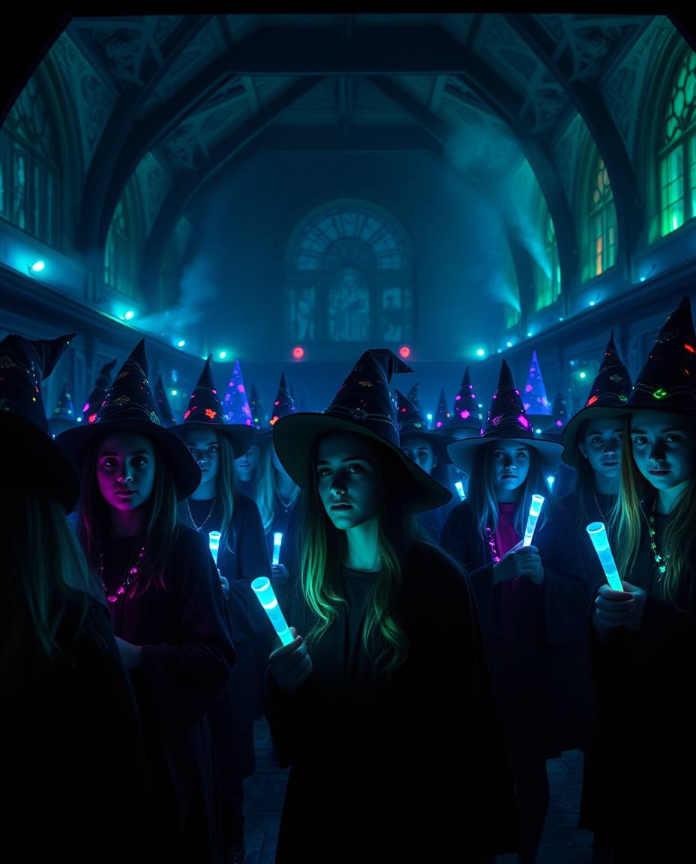 Explore a breathtaking magical school teeming with young wizards, bathed in mesmerizing bioluminescent colors and captured in