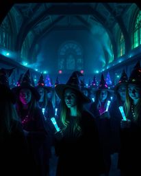 Explore a breathtaking magical school teeming with young wizards, bathed in mesmerizing bioluminescent colors and captured in