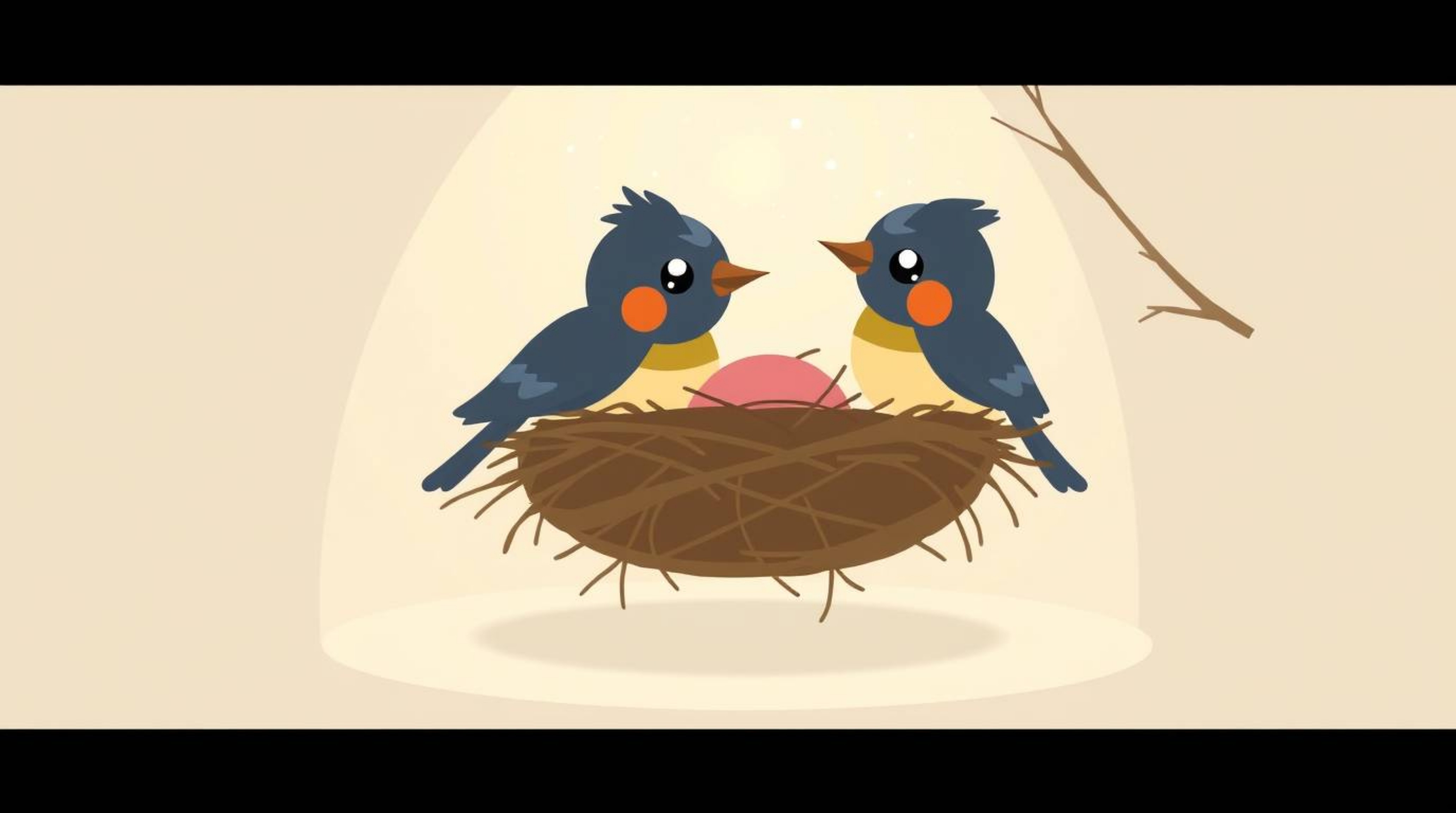 A charming image depicting two cartoon birds diligently constructing a nest, rendered in a classic animation style with a mod