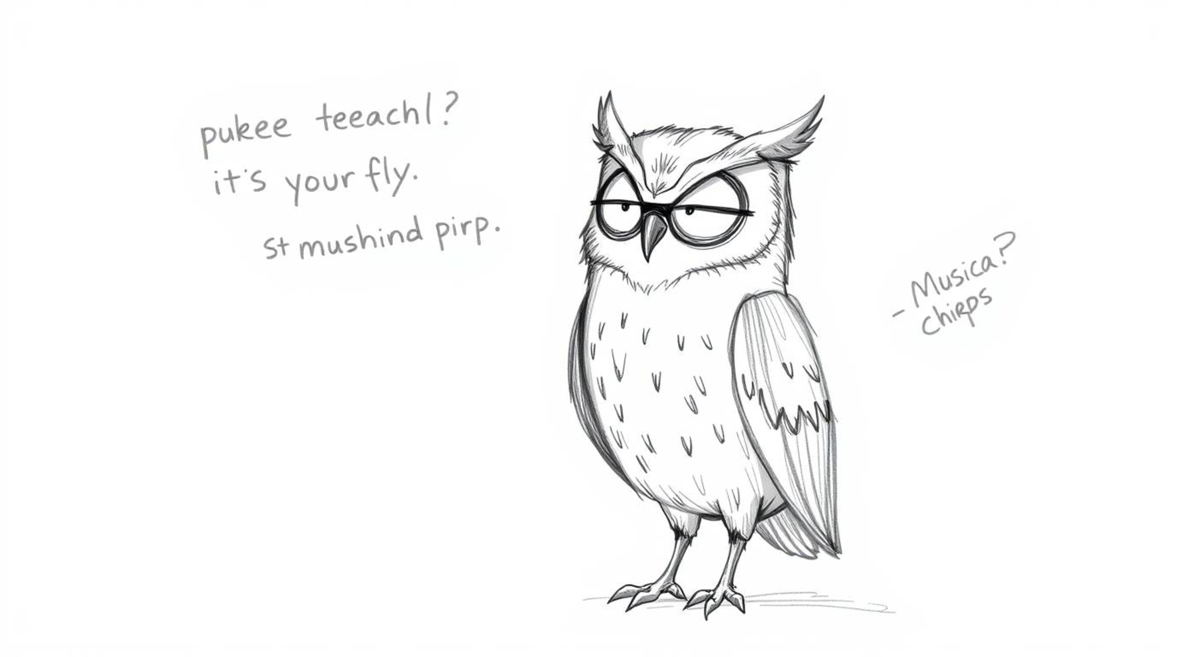 A heartwarming hand-drawn sketch in the style of Pixar depicts a wise, blind owl with textured pencil strokes guiding young b