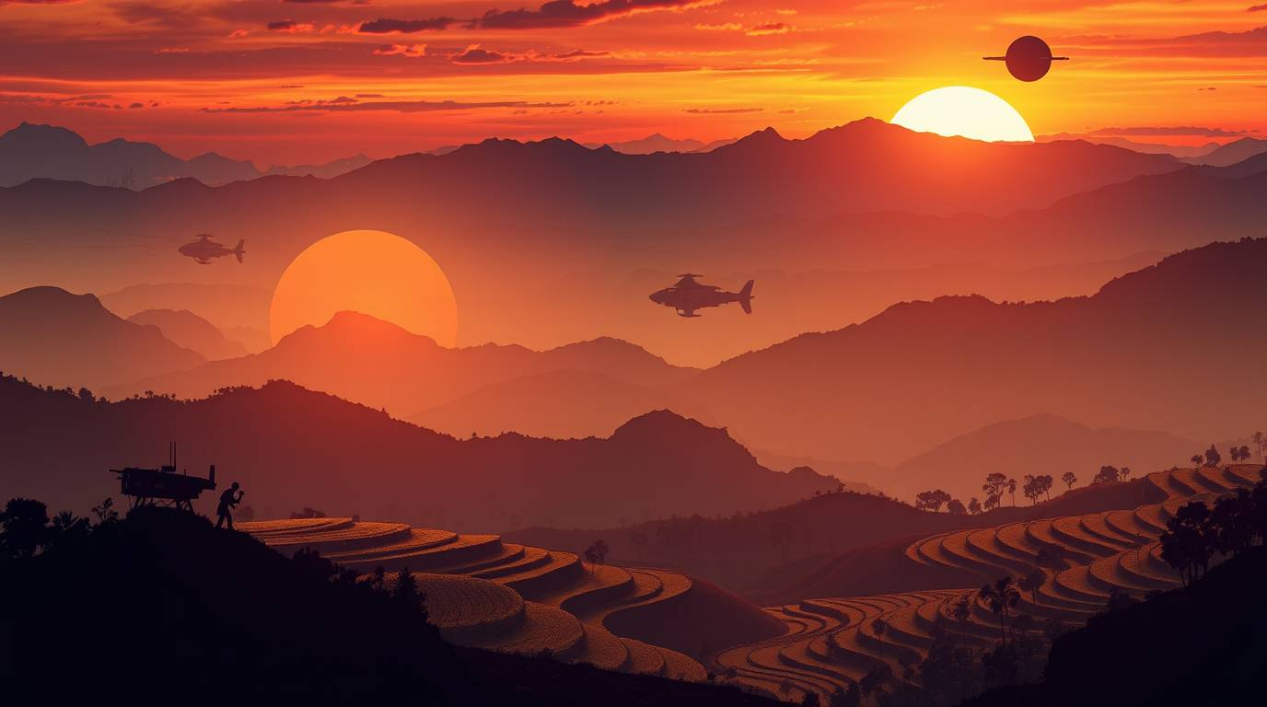 A captivating futuristic sci-fi illustration depicting a sunset over stunning rice terraces nestled in the mountains. The sce