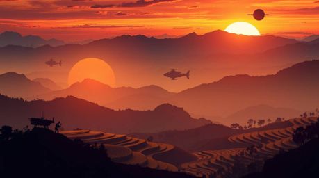 A captivating futuristic sci-fi illustration depicting a sunset over stunning rice terraces nestled in the mountains. The sce