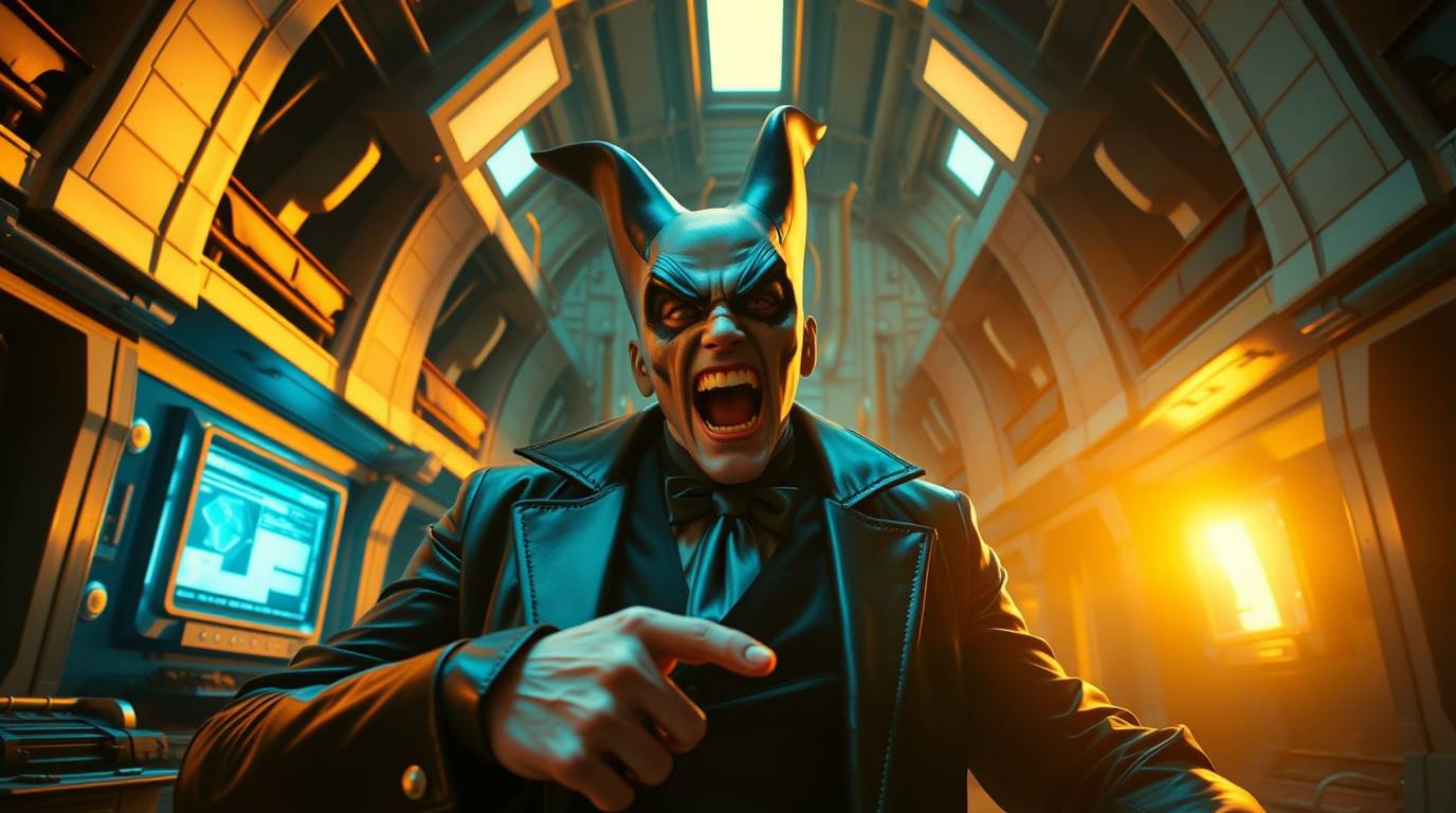 A captivating image showcasing precise architectural color photography.  The scene depicts a villain experiencing a humorous 