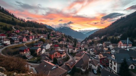 Discover a breathtaking high-resolution stock photo showcasing an extreme macro close-up of a charming village nestled in a p