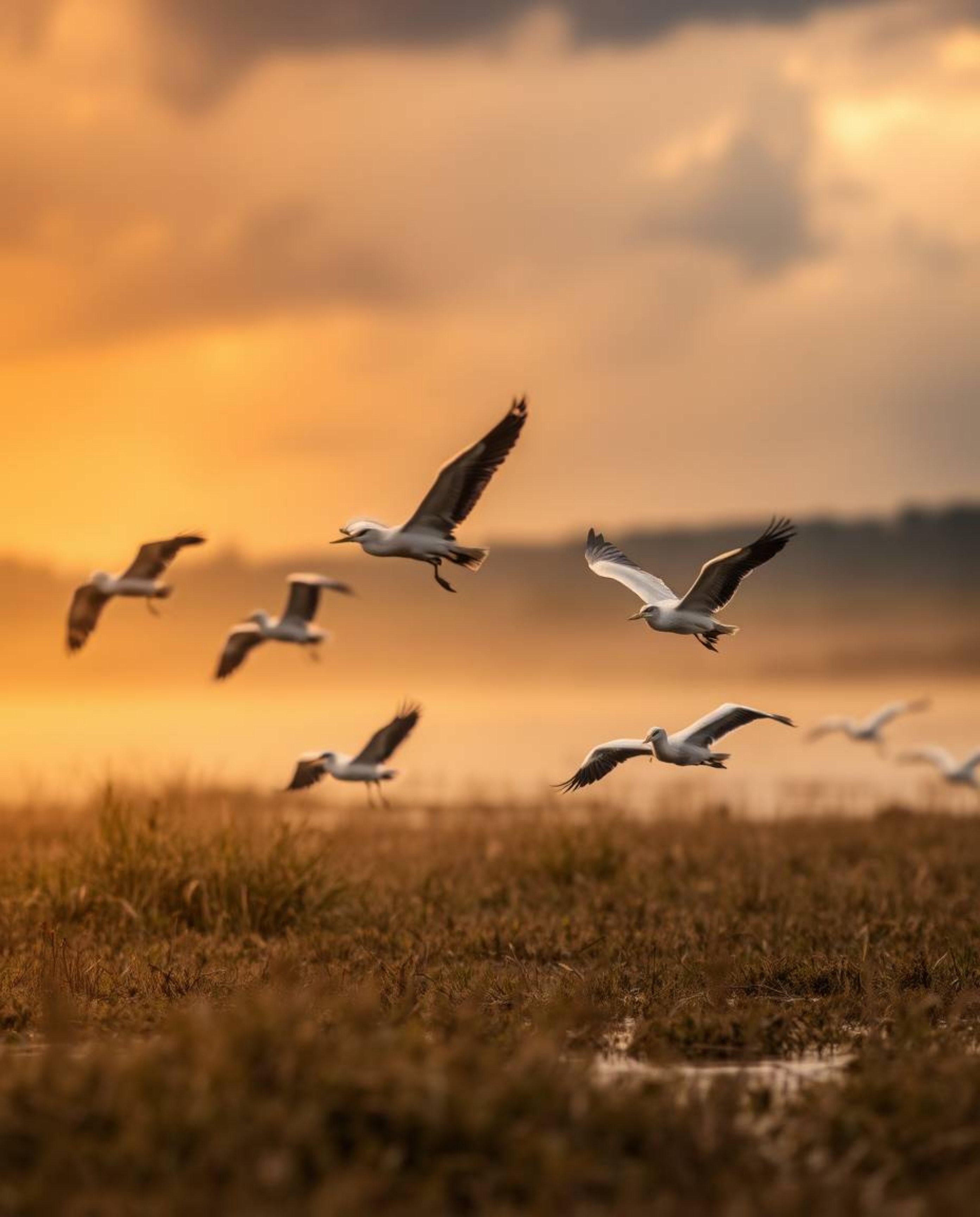 A Golden hour wetland scene featuring herons in flight amidst intense dramatic weather. This powerful image showcases a sharp