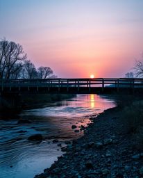An extreme macro close-up captures the intricate details of an old wooden bridge over a river at sunset. The image is rendere
