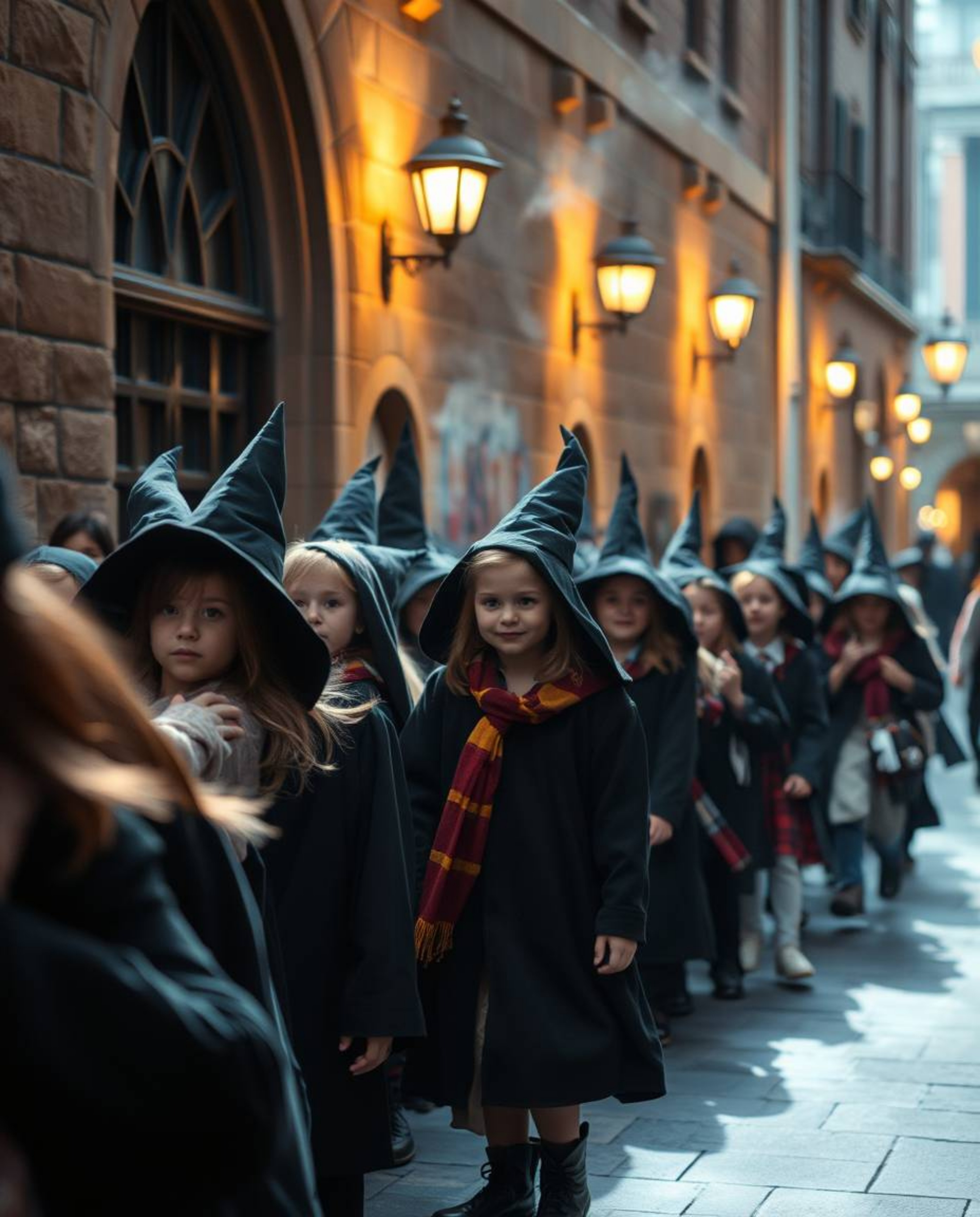 Candid street photography captures the enchanting atmosphere of a school brimming with young wizards. Volumetric lighting pla