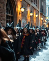 Candid street photography captures the enchanting atmosphere of a school brimming with young wizards. Volumetric lighting pla