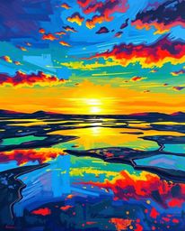 A bold acrylic painting captures a stunning sunset sky as it is mirrored in the tidal pools on a beach. This piece is defined