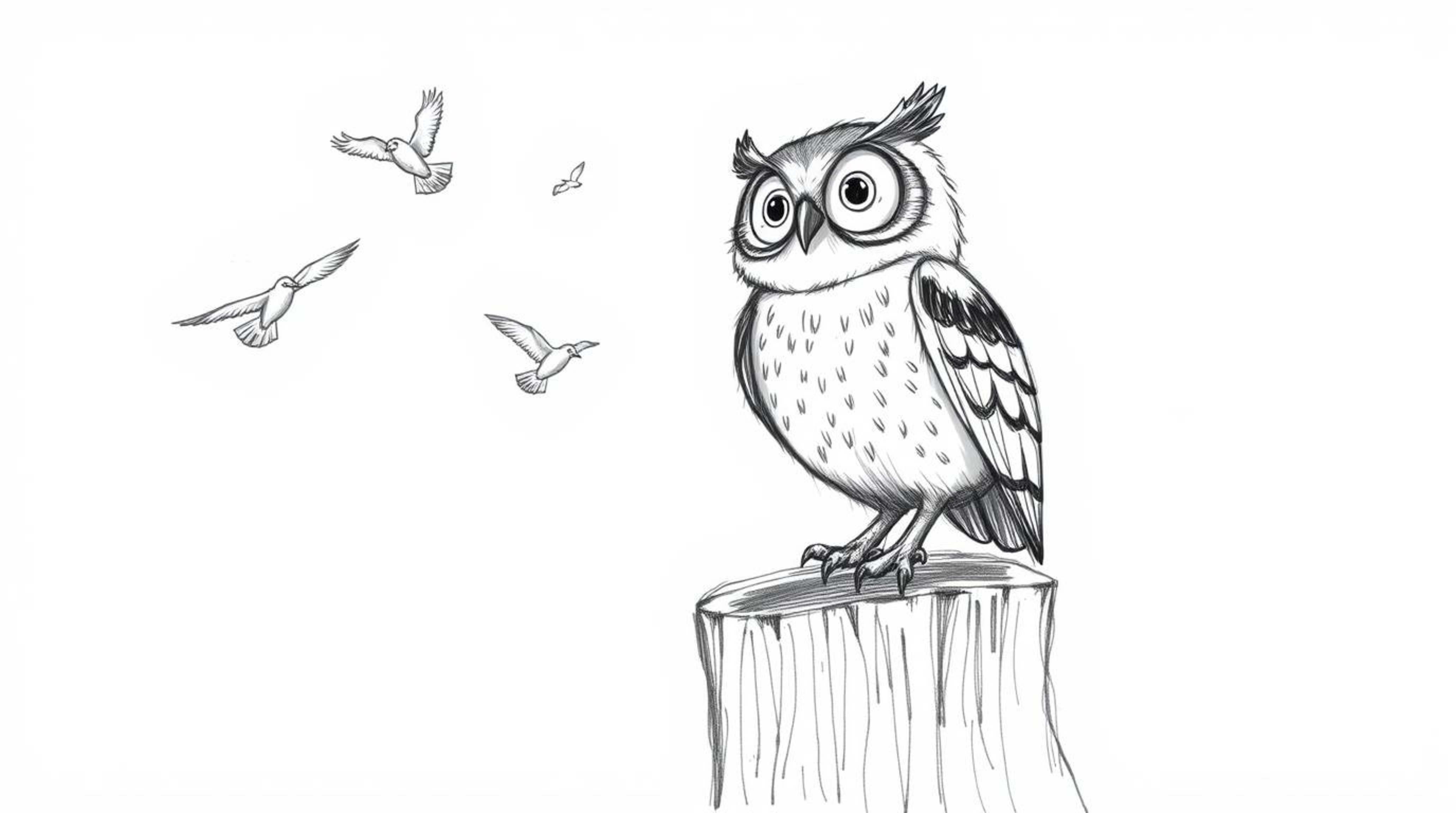 A heart-warming, hand-drawn sketch in Pixar style depicts a blind owl with strikingly expressive eyes, perched atop a texture
