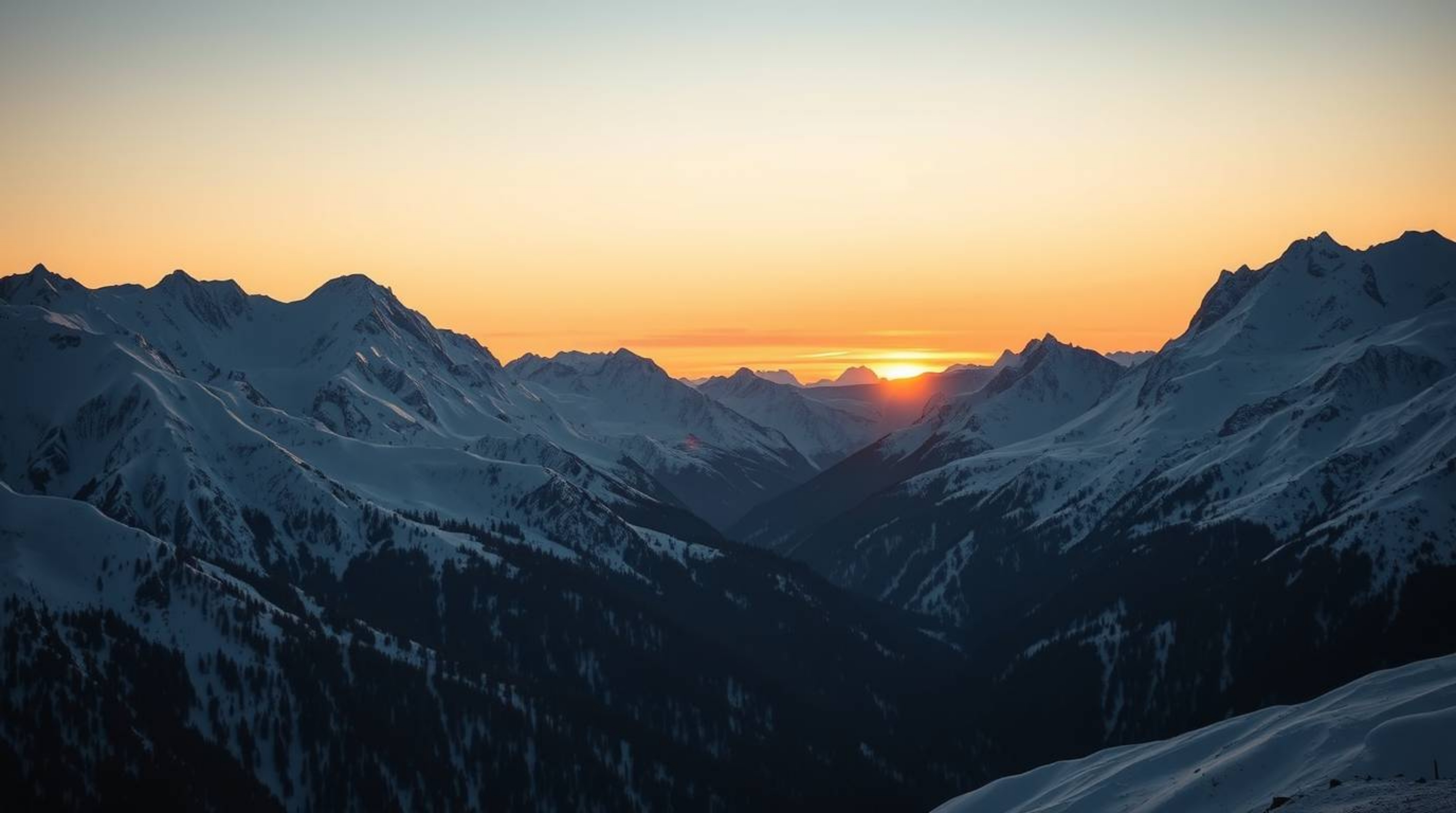 Capture the breathtaking beauty of snow-covered mountains illuminated by a pastel sunset, utilizing high-contrast, low-key li