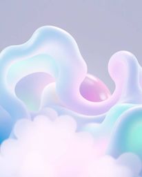 This artwork features a stunning 3D rendering of abstract liquid forms, rendered in a beautiful palette of pastel blues, gree