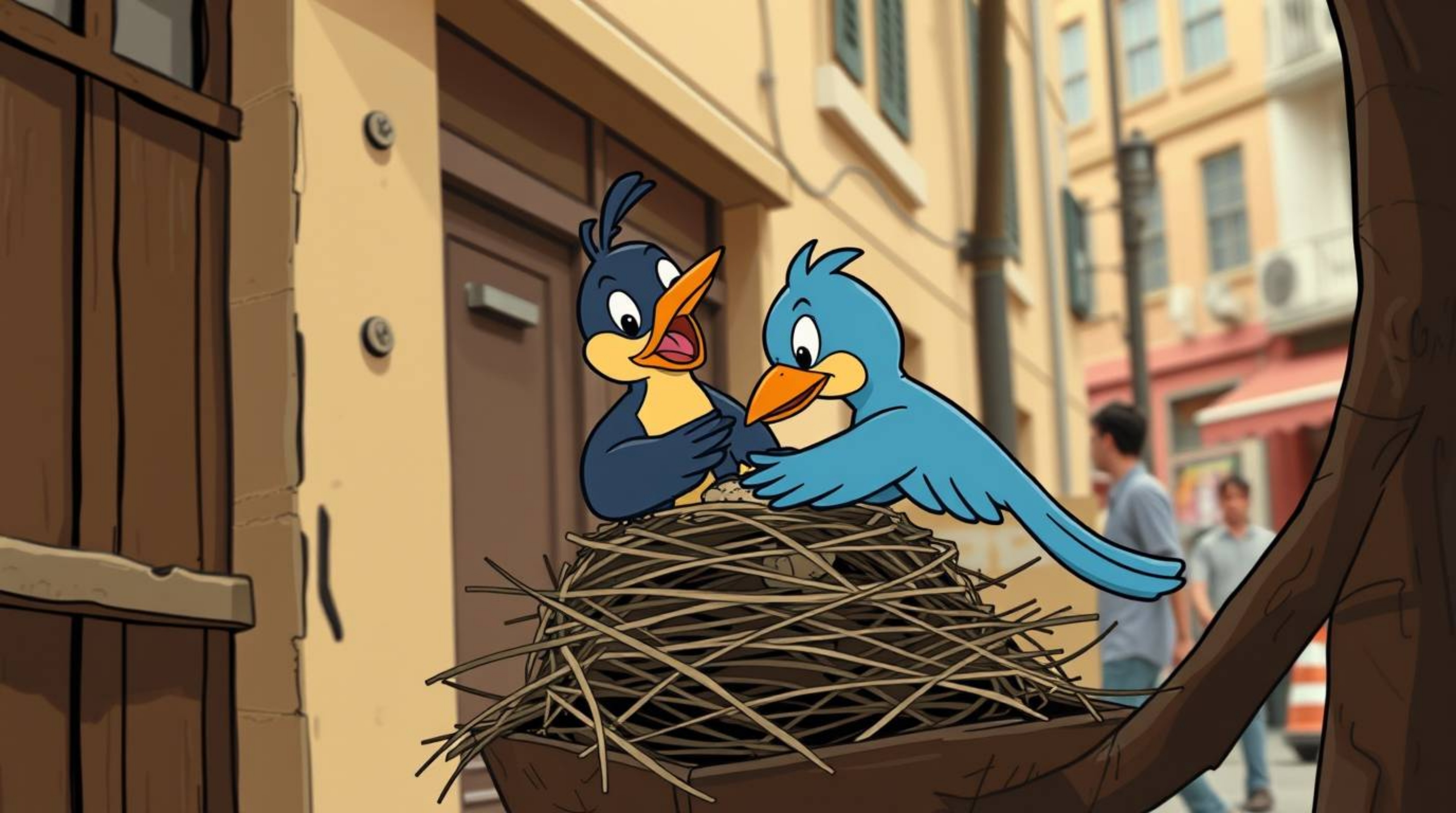 A charming image depicting two cartoon birds diligently constructing a nest, rendered in a classic animation style.  The cand