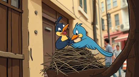 A charming image depicting two cartoon birds diligently constructing a nest, rendered in a classic animation style. The cand