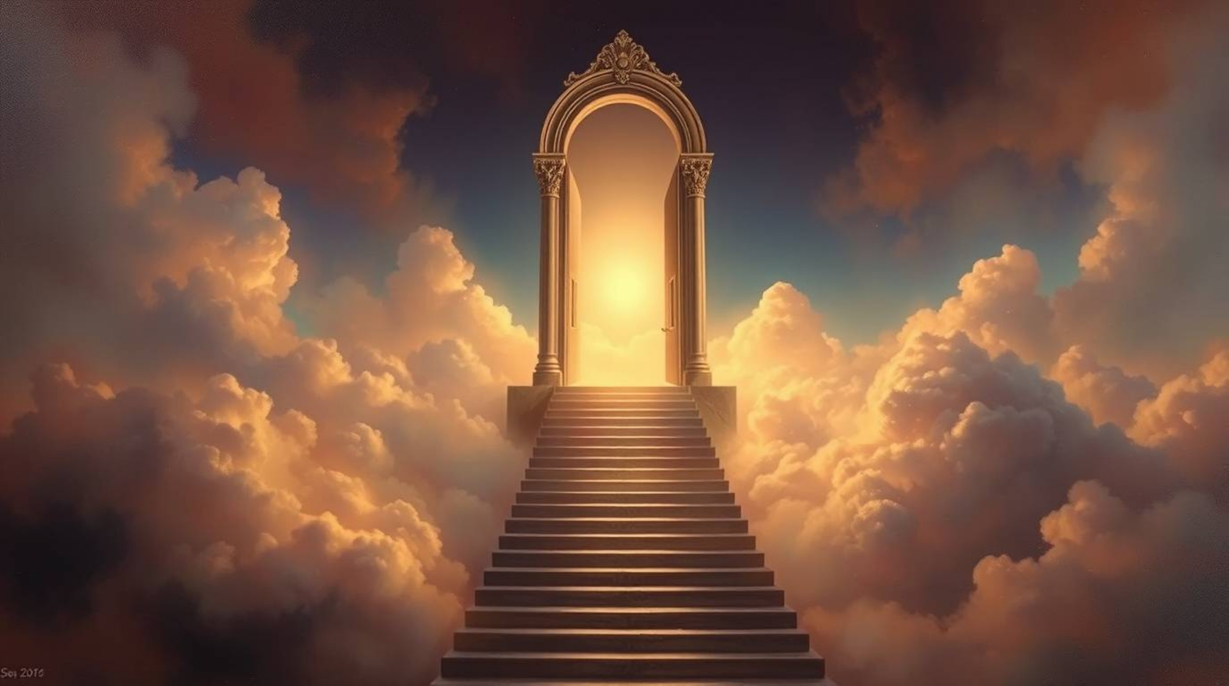 A breathtaking fantasy realism painting depicts a heavenly gate soaring above a sea of clouds, with a golden staircase ascend