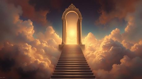 A breathtaking fantasy realism painting depicts a heavenly gate soaring above a sea of clouds, with a golden staircase ascend