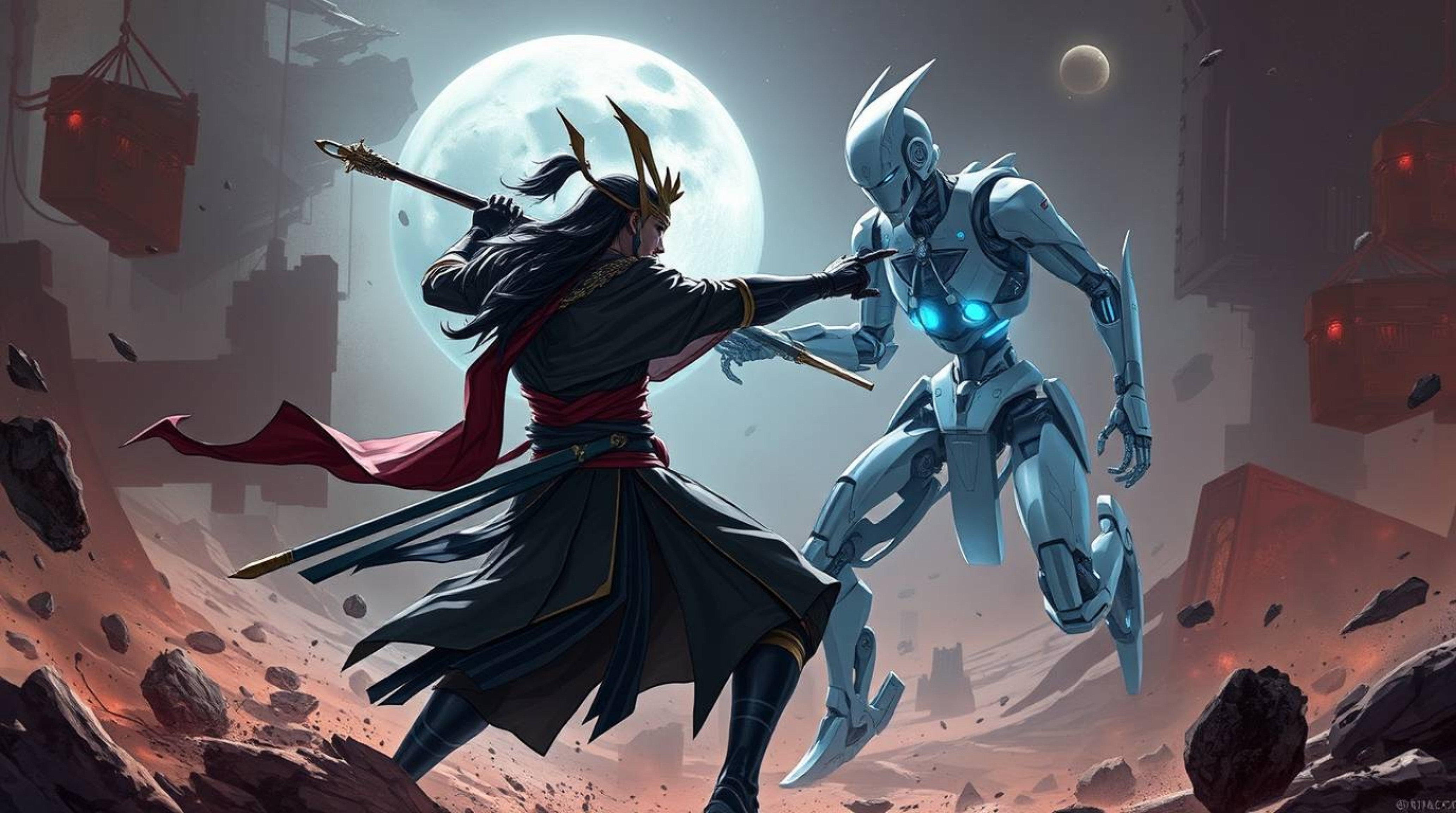 A futuristic sci-fi illustration depicts a graceful samurai engaged in an elegant battle against a refined, technologically a