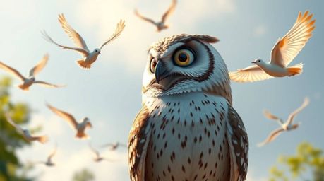This high-resolution stock photo features a charming blind owl, rendered in a Pixar-inspired style, passionately teaching bir
