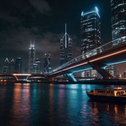 Imagine a breathtaking futuristic bridge seamlessly connecting two towering skyscrapers. Hovercrafts gracefully glide beneath