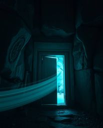 Capture the mystique of an ancient doorway etched with glowing runes, nestled within a majestic mountain. This long exposure 