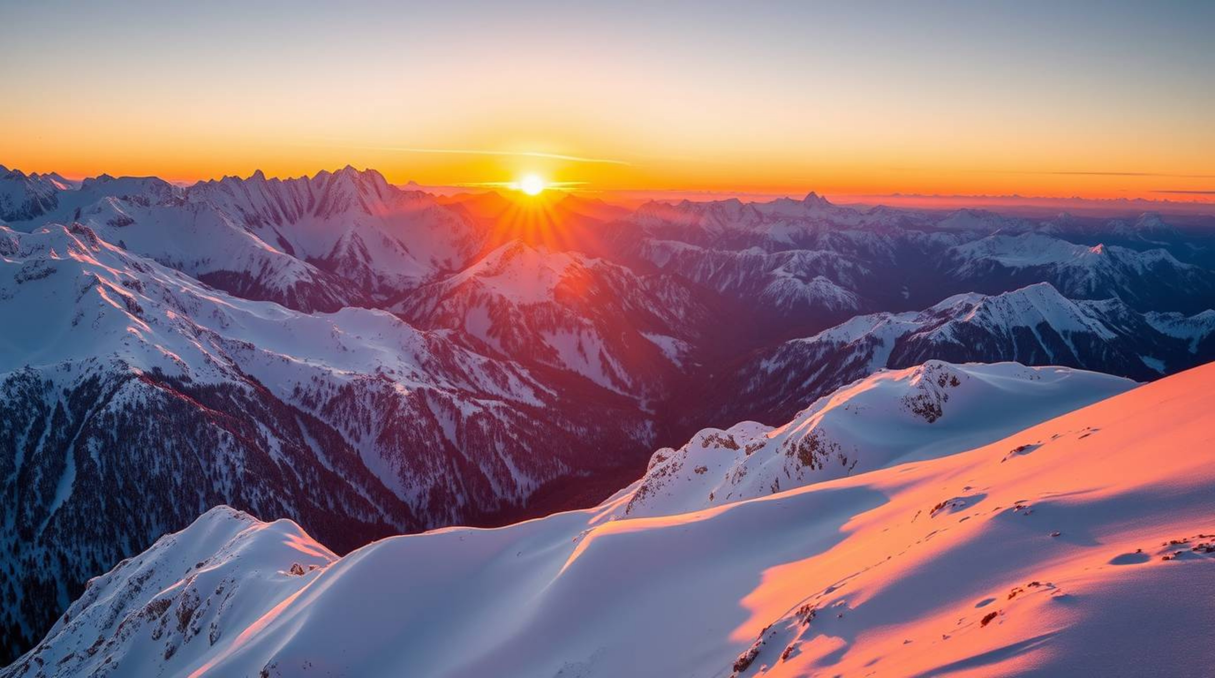 Experience the breathtaking beauty of snow-capped mountains bathed in the warm glow of a golden or pastel sunset.  These stun