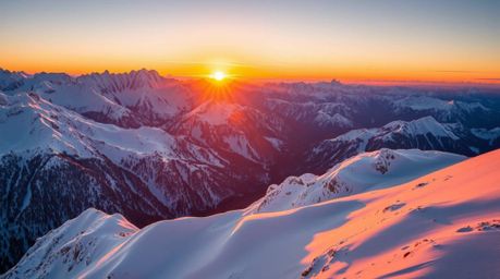 Experience the breathtaking beauty of snow-capped mountains bathed in the warm glow of a golden or pastel sunset.  These stun