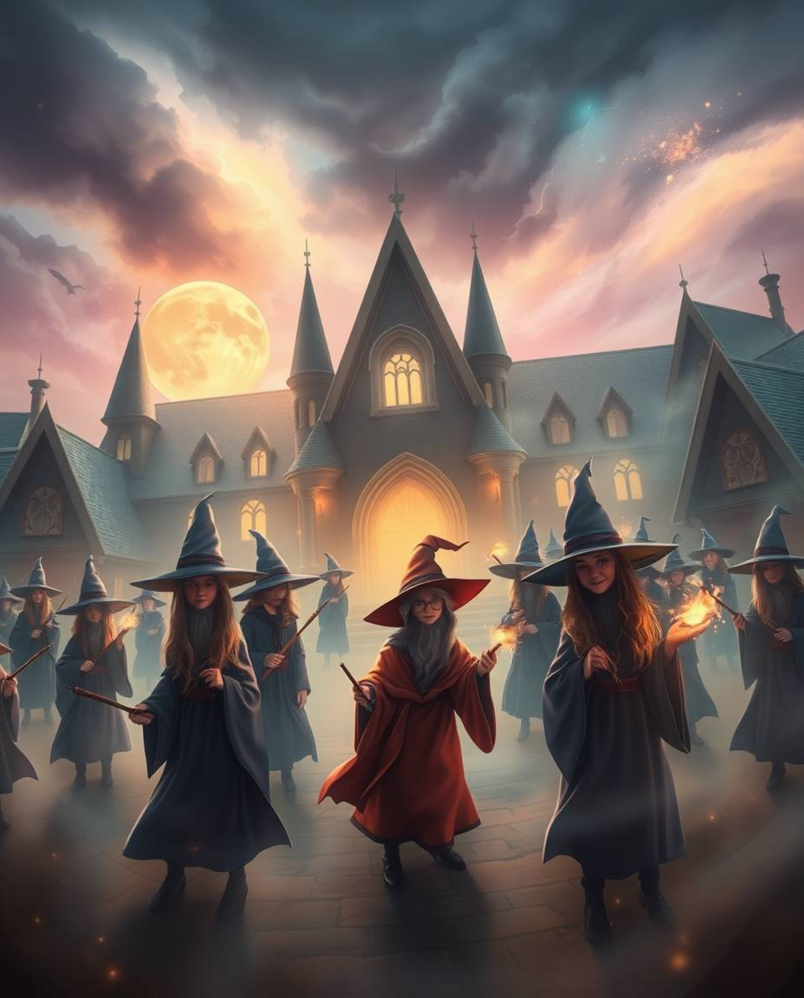 Step into a magical school brimming with young wizards, all enveloped in an ethereal spiritual vibe. This scene evokes a myst