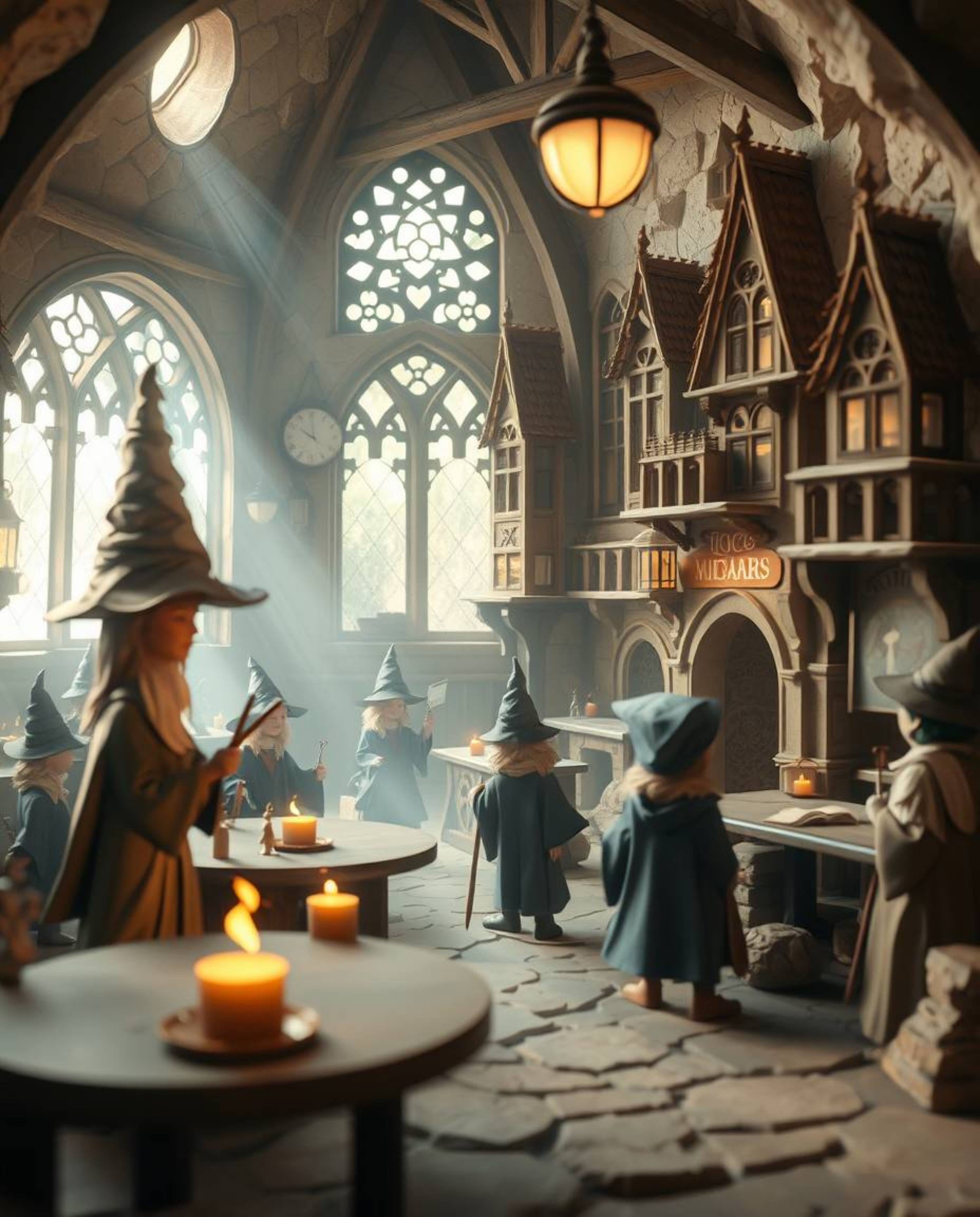 Immerse yourself in a magical school filled with young wizards, beautifully depicted in a soft and dreamy atmosphere. This ar