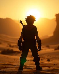 Embark on a breathtaking desert adventure with a brave Disney-style hero, bathed in silhouetted backlighting and rich natural