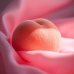 A captivating close-up ASMR image featuring a soft, blushing pink peach delicately resting on pastel pink silk.  The high con