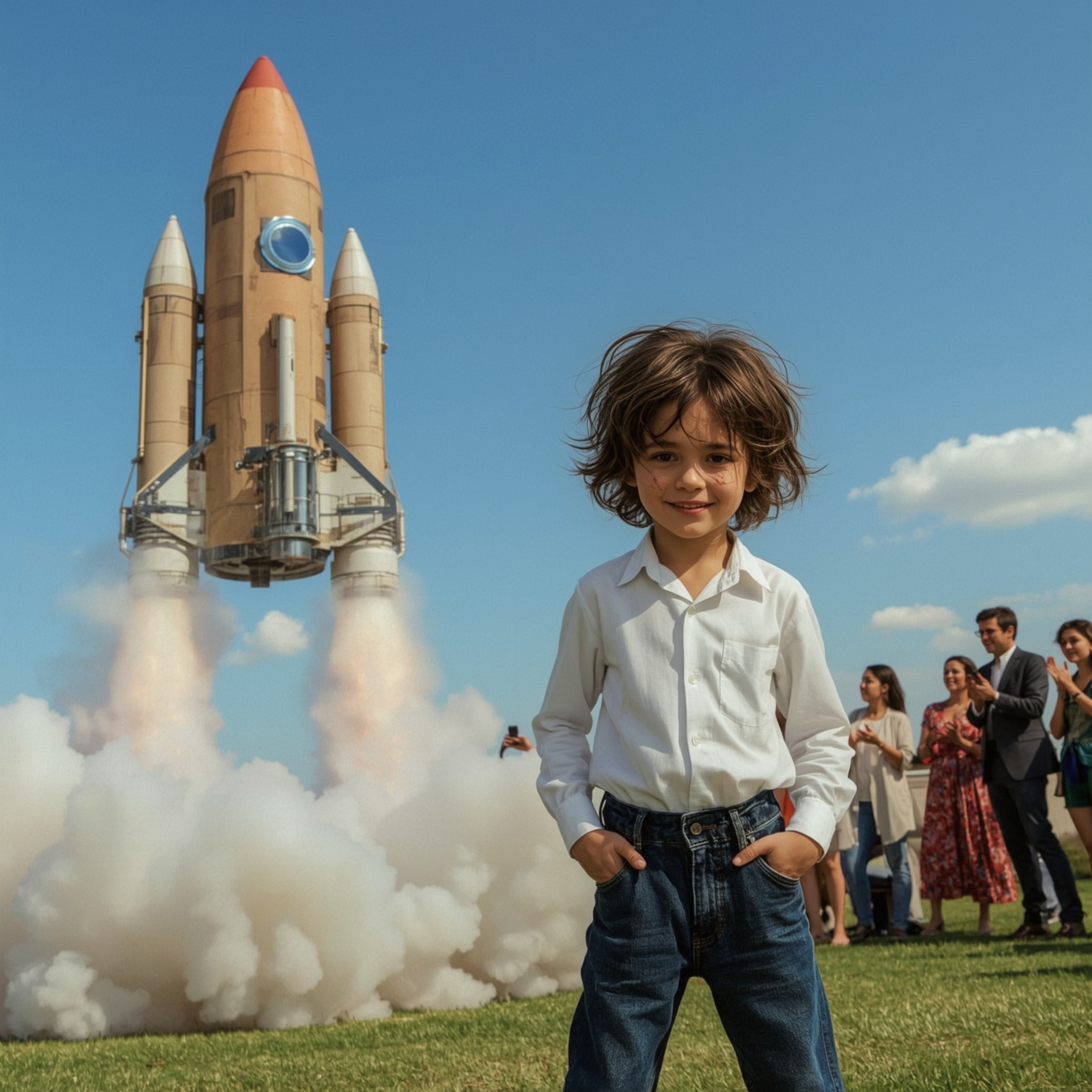Exquisite high fashion photography captures a young boy with a bright smile and curious eyes, standing proudly next to his gi