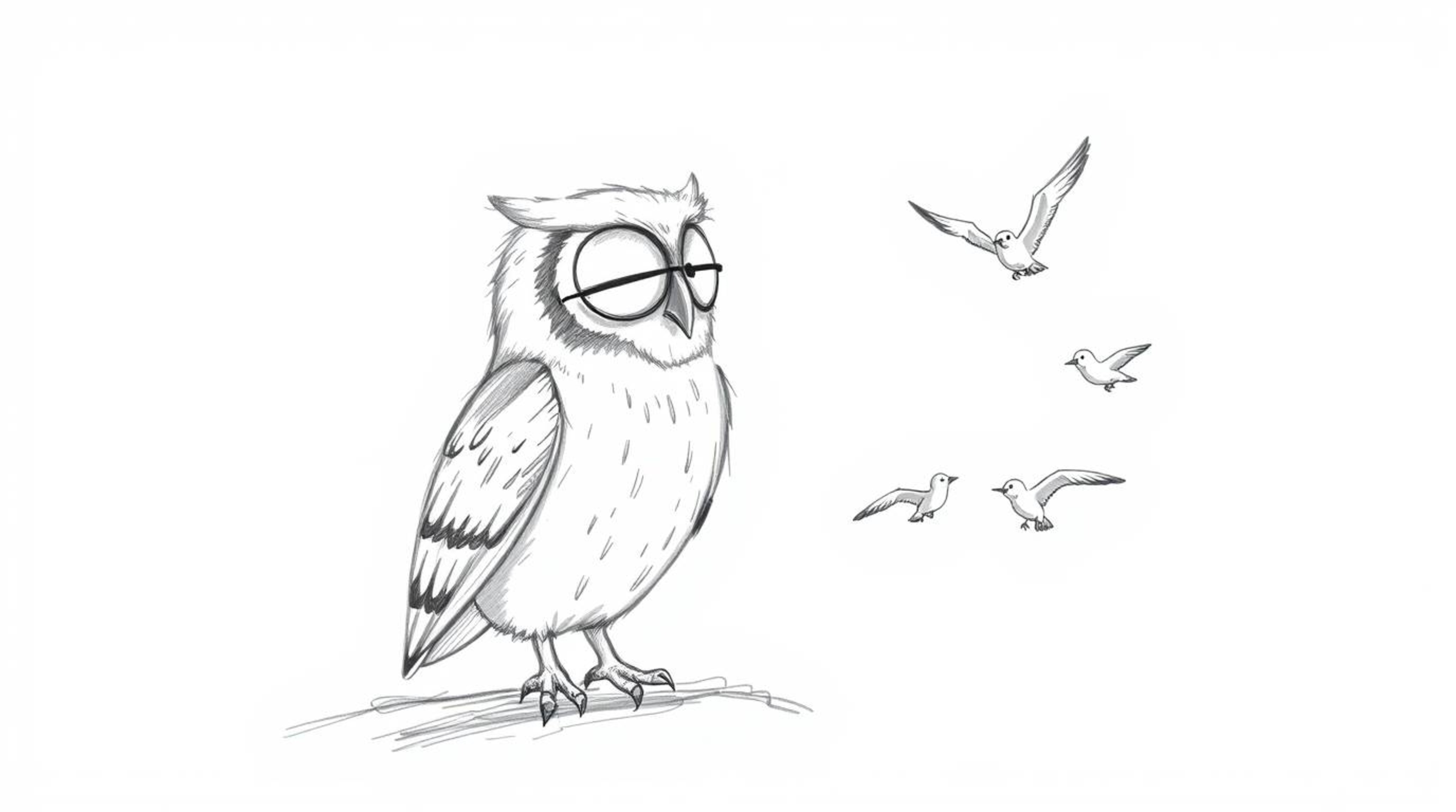 A heartwarming, whimsical sketch depicts a blind owl in a charming Pixar style, calmly watching young birds learn to fly. The