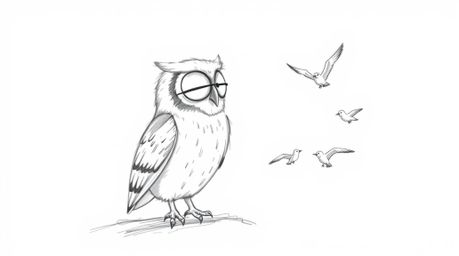 A heartwarming, whimsical sketch depicts a blind owl in a charming Pixar style, calmly watching young birds learn to fly. The