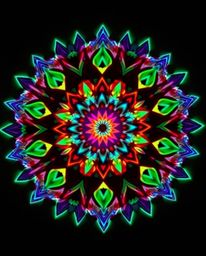 A stunning geometric floral mandala design featuring vibrant and glowing bioluminescent colors.  The symmetric design is enha