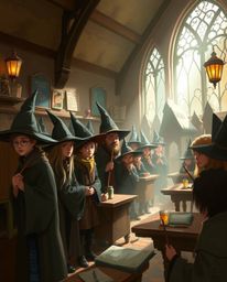 A captivating digital painting depicting a magical school teeming with young wizards. The artwork is rendered in natural eart