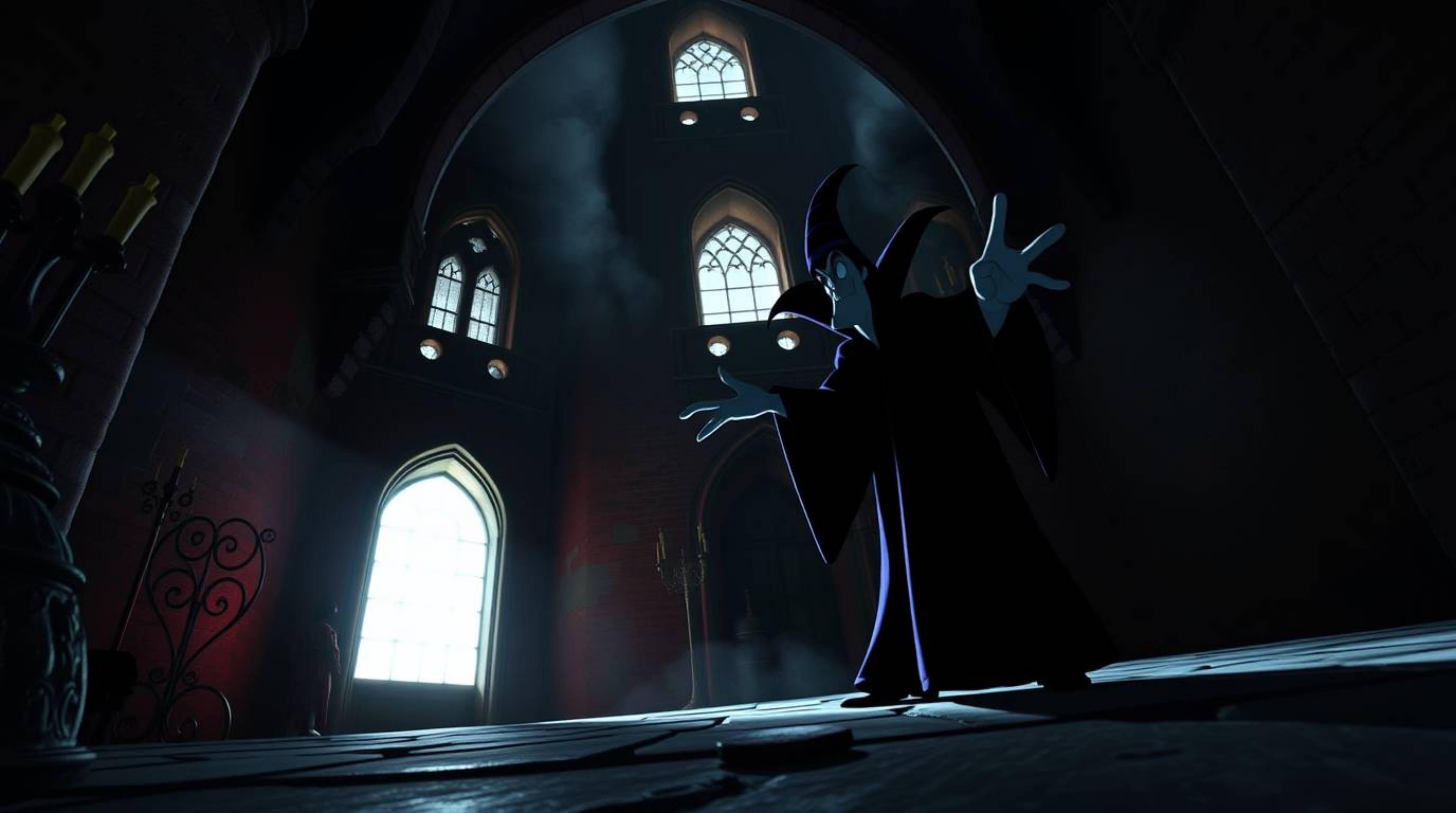 Experience a captivating scene of a classic Disney villain casting a spell within the ancient walls of a majestic castle. So