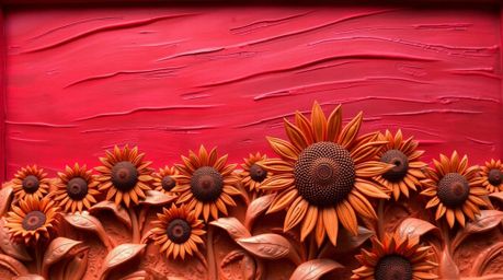 This stunning sculptural clay artwork captures the essence of a sunflower field bathed under a deep red and purple sky.  The 
