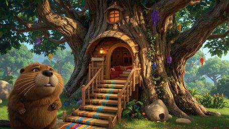 A highly detailed, high-resolution stock photo captures a kind-faced beaver with fluffy brown fur, building the perfect treeh