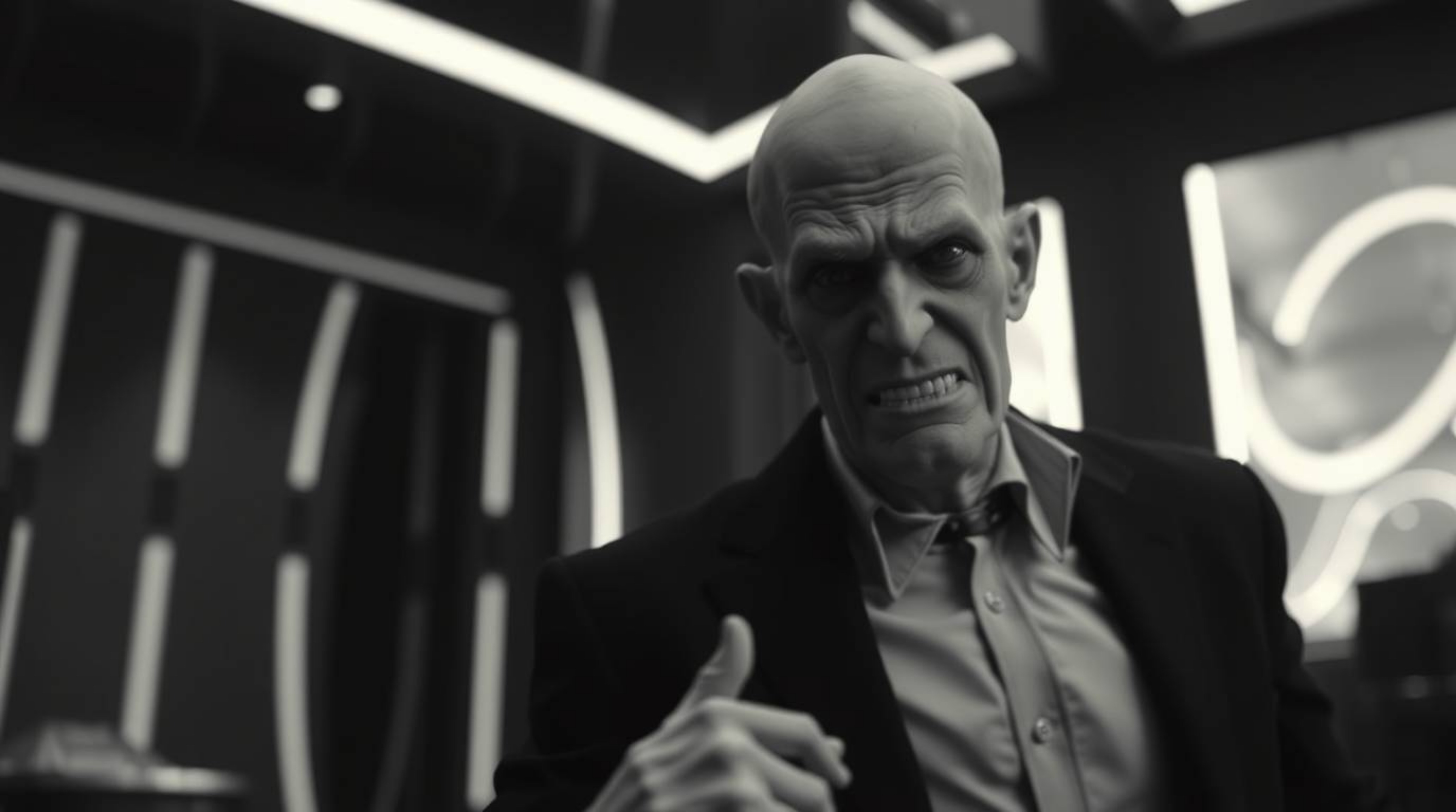 A villain with exaggerated features and pale skin undergoes a comedic breakdown within the sleek, minimalist environment of h