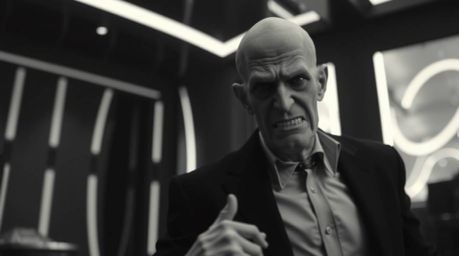A villain with exaggerated features and pale skin undergoes a comedic breakdown within the sleek, minimalist environment of h