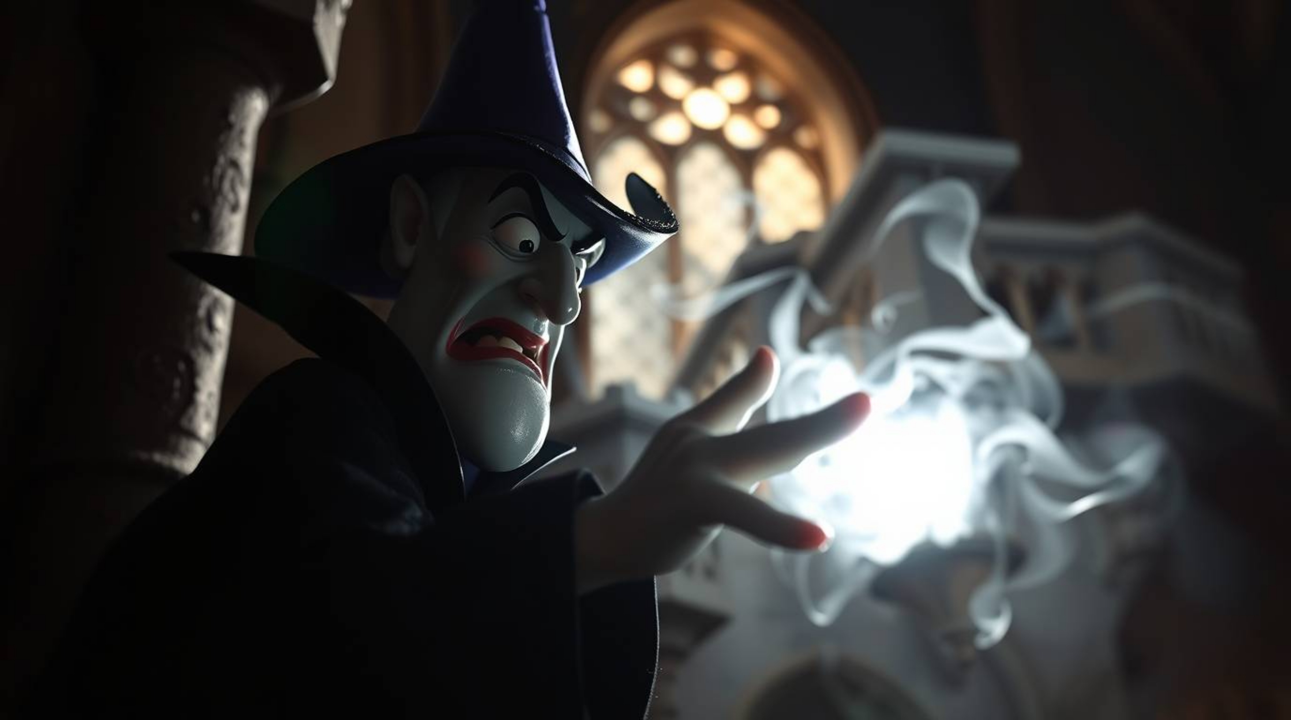 An extreme macro close-up showcasing a classic Disney villain casting a spell within an old castle setting.  The composition 
