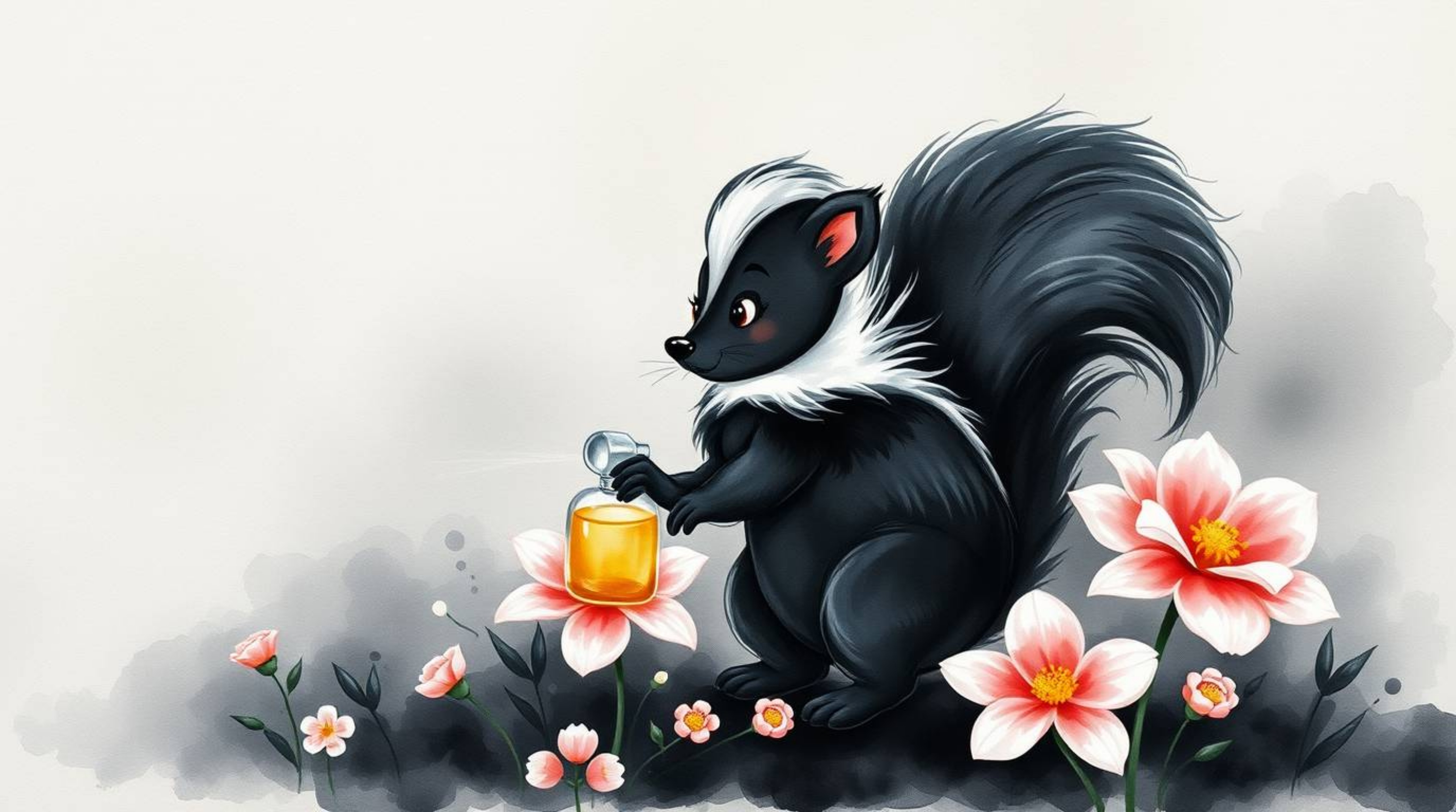 An intense, jet-black watercolor painting depicting a cartoon skunk spraying perfume onto flowers.  The delicate washes and f