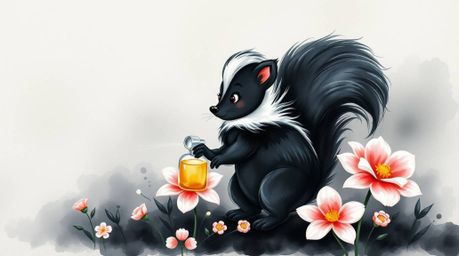An intense, jet-black watercolor painting depicting a cartoon skunk spraying perfume onto flowers.  The delicate washes and f