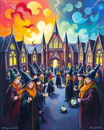 This vibrant painting captures the essence of a magical school teeming with young wizards. Utilizing complementary colors and