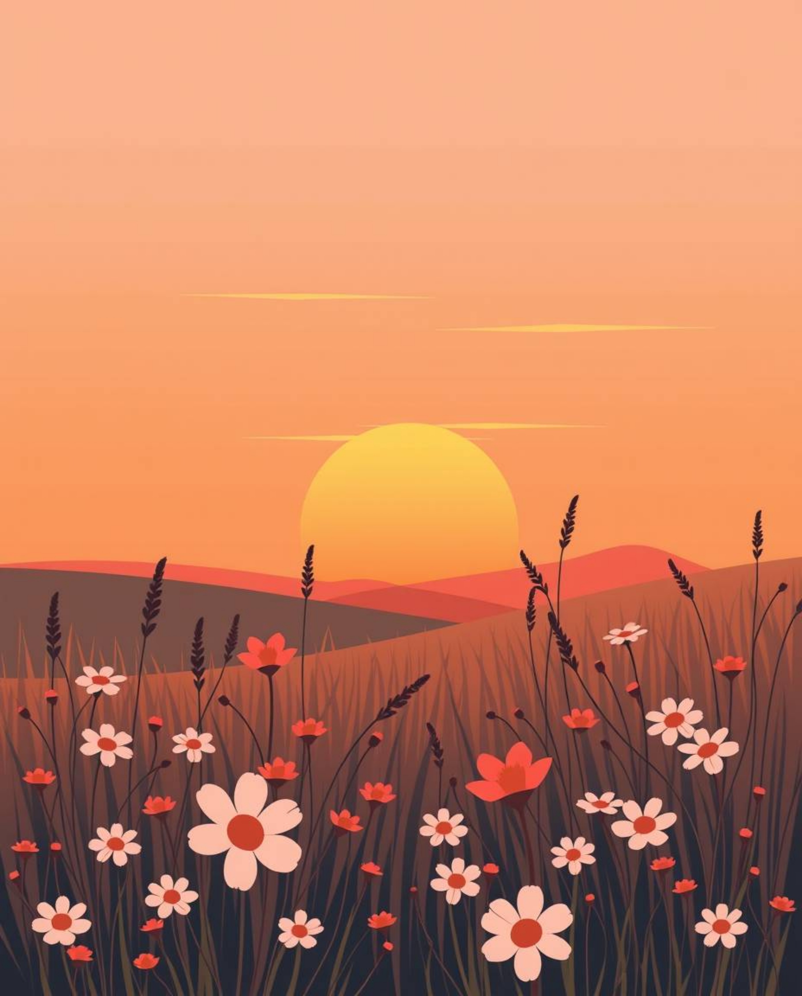 A modern flat design illustration depicting a graceful and elegant spring sunset over a wildflower meadow. This artwork uses 