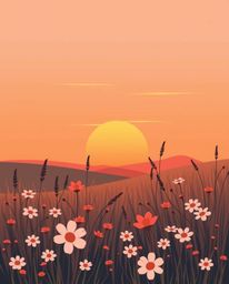 A modern flat design illustration depicting a graceful and elegant spring sunset over a wildflower meadow. This artwork uses 