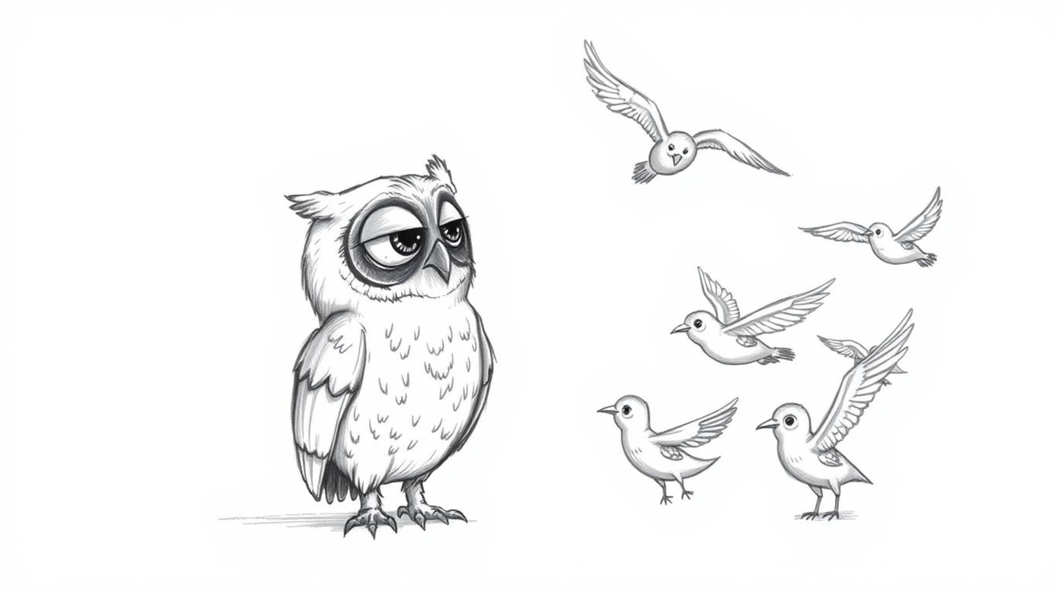 A heartwarming, hand-drawn Pixar-style sketch depicts a blind owl, rendered with soft, feathery textures, patiently guiding a