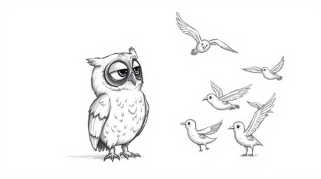 A heartwarming, hand-drawn Pixar-style sketch depicts a blind owl, rendered with soft, feathery textures, patiently guiding a