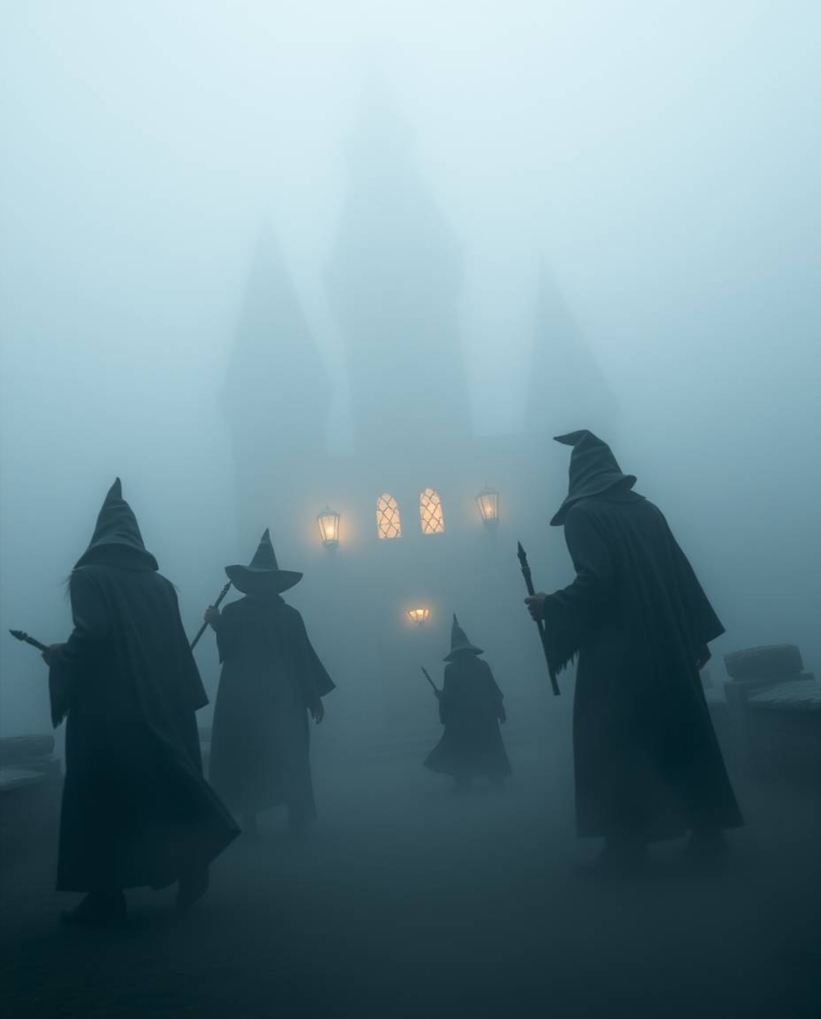 Immerse yourself in a dramatic, cinematic setting featuring a magical school enveloped in thick fog and populated by young wi