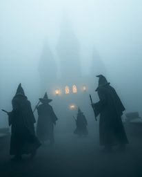 Immerse yourself in a dramatic, cinematic setting featuring a magical school enveloped in thick fog and populated by young wi